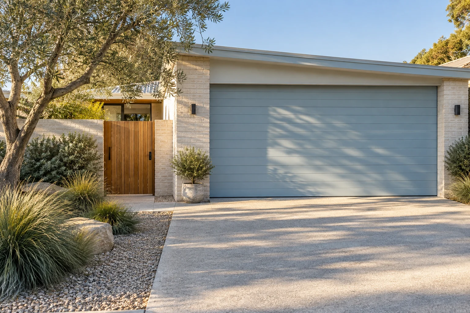 Late afternoon light falling across the garage and garden gate of an Australian home
